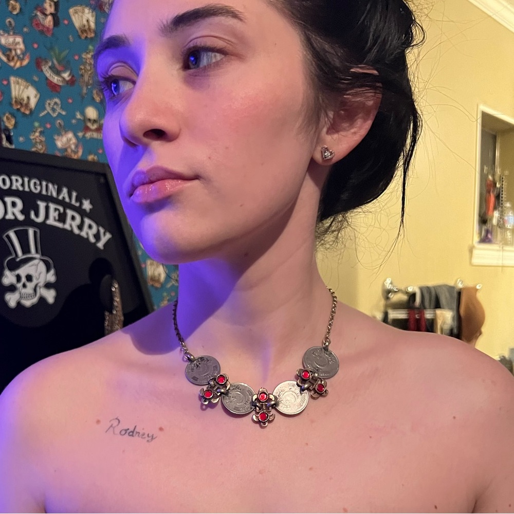Beautiful Afghan choker, coin and ruby necklace silver tone.